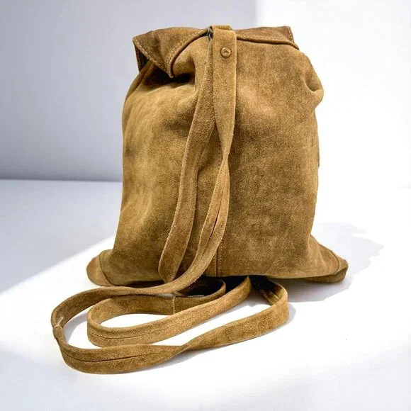 Vintage Brown Suede Backpack – Men’s Medium Bag, Casual Drawstring Style - Picture 5 of 11